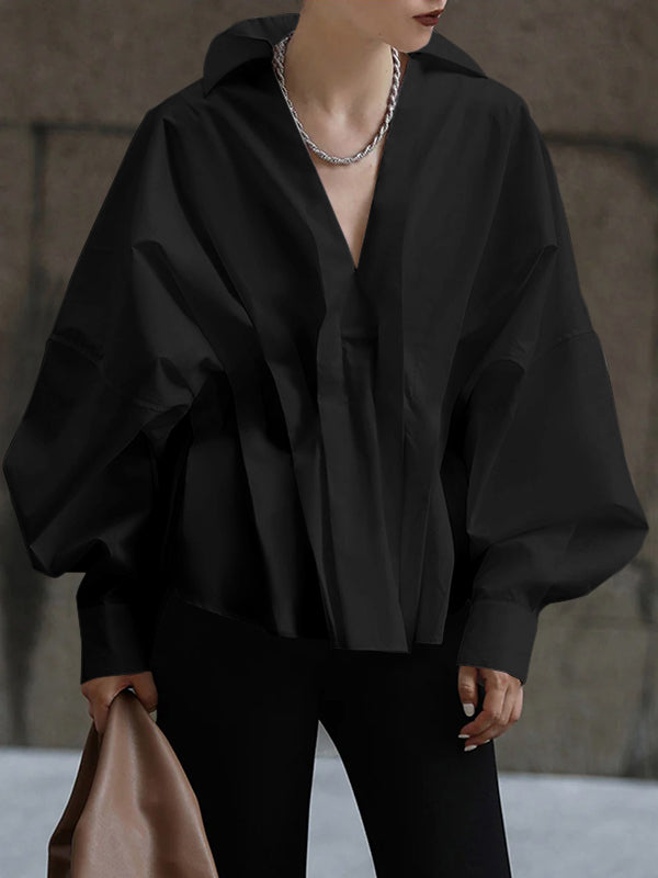 Original Creation Long Sleeves Loose Pleated Solid Color Lapel Collar Blouses&Shirts Tops
