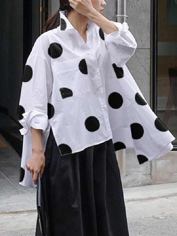 Long Sleeves Loose Polka-Dot Split-Joint Lapel Blouses&shirts Tops