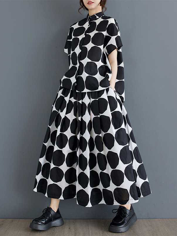 Loose Short Sleeves Buttoned Polka-Dot Lapel Blouse Tops Skirts Bottoms Two Pieces Set