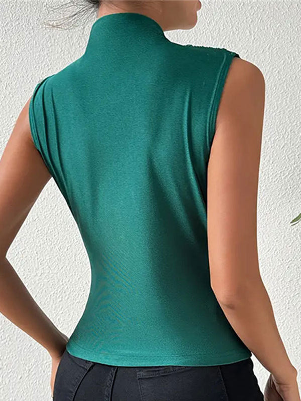 Skinny Sleeveless Pleated Solid Color Split-Joint High Neck Vest Top