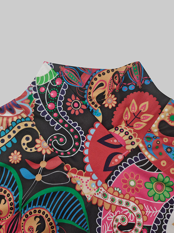 Long Sleeves Skinny Flower Print Split-Joint High Neck T-Shirts Tops