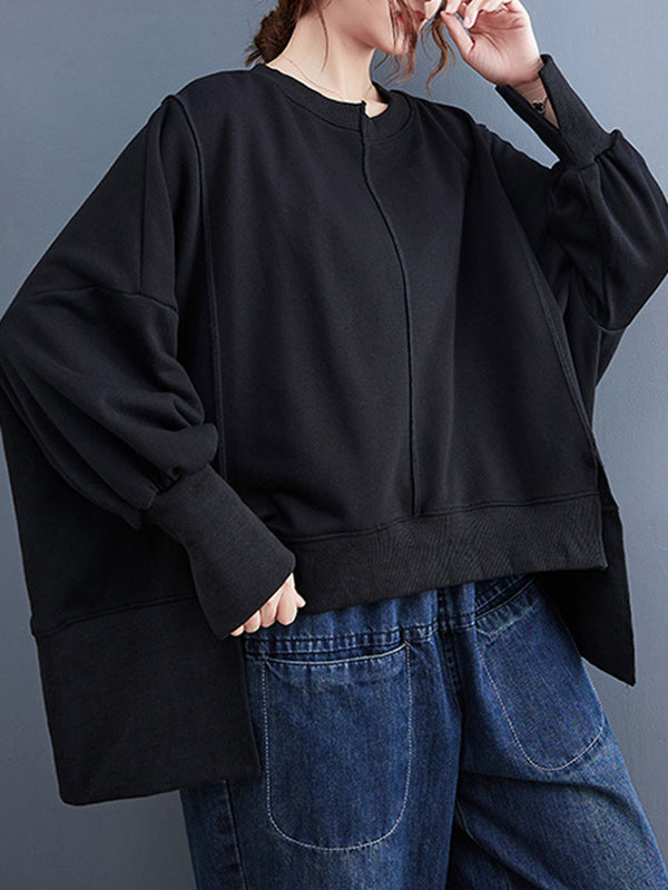 Simple Long Sleeves Loose Solid Color Round-Neck Hoodies&Sweatshirt Tops