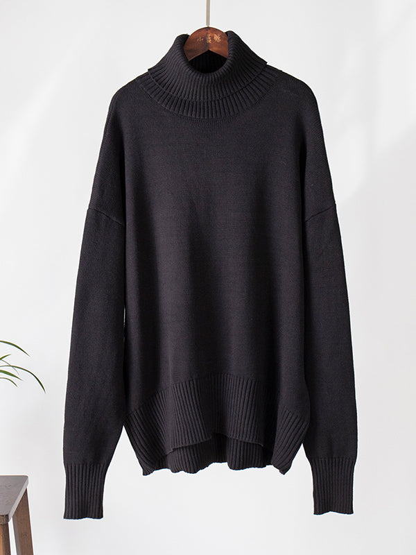 Long Sleeves Loose Solid Color High Neck Knitwear Pullovers Sweater Tops