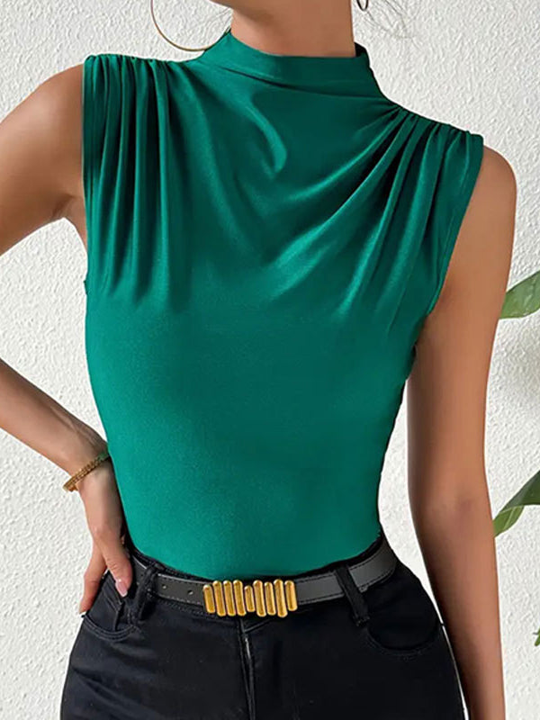 Skinny Sleeveless Pleated Solid Color Split-Joint High Neck Vest Top