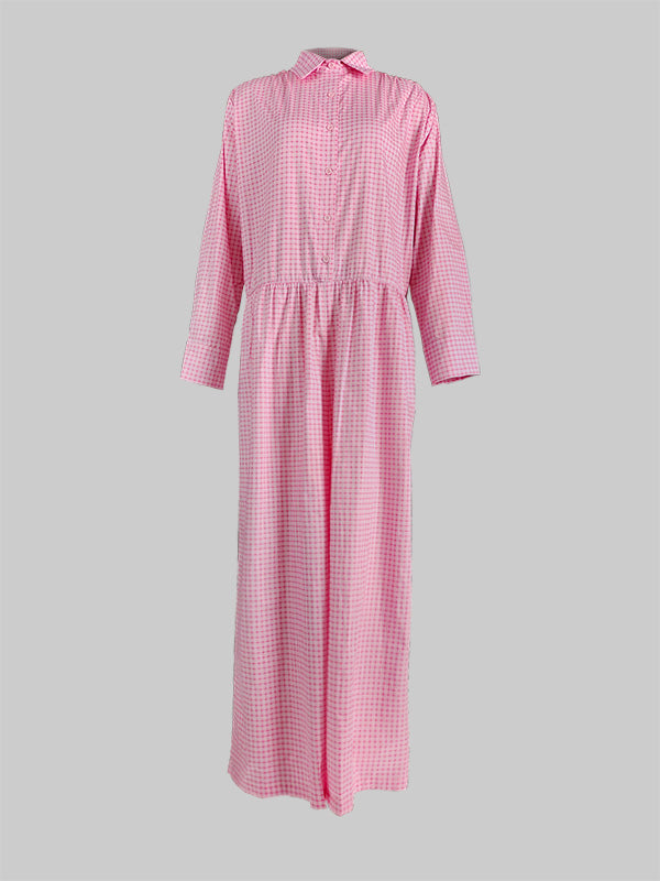 Long Sleeves Loose Buttoned Plaid Pleated Split-Joint Lapel Jumpsuits