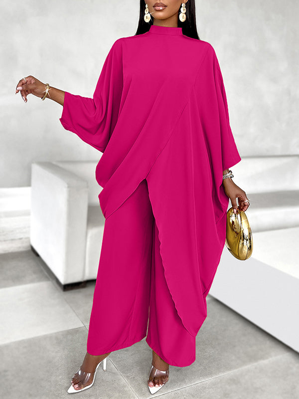 Batwing Sleeves Long Sleeves Asymmetric Hollow Solid Color Mock Neck T-Shirt Top + Pants Bottom Two Pieces Set