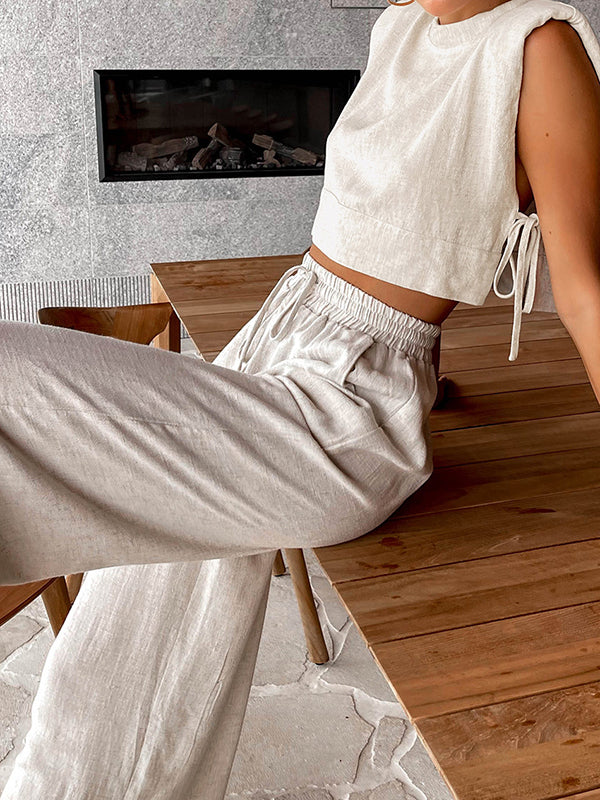Loose Sleeveless Shoulder Pad Solid Color Tied Round-Neck Vest Top + Drawstring Elasticity Pants Bottom Two Pieces Set
