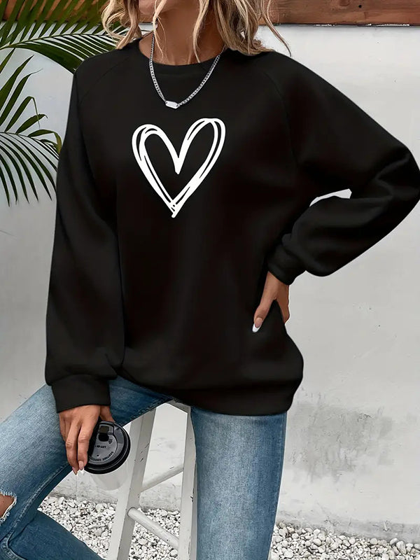 Long Sleeves Loose Heart Print Split-Joint Round-Neck Sweatshirt Tops