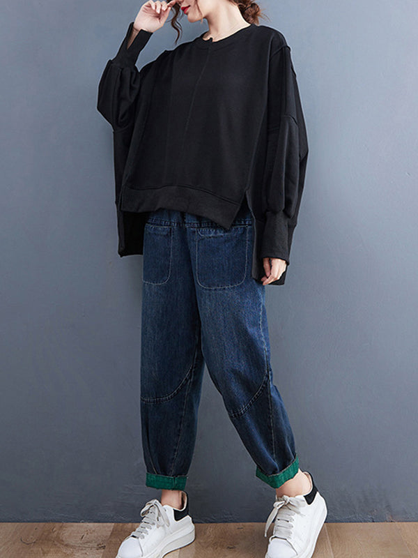 Simple Long Sleeves Loose Solid Color Round-Neck Hoodies&Sweatshirt Tops