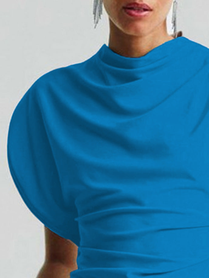 Irregularity Sleeveless Asymmetric Pleated Solid Color Round-neck Vest Top