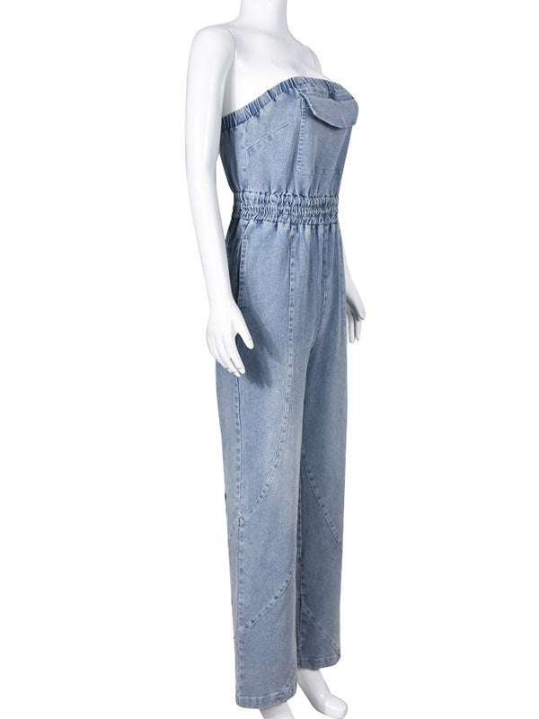 Sleeveless Straight Leg Elasticity Pleated Pockets Split-Joint Tube Jumpsuits