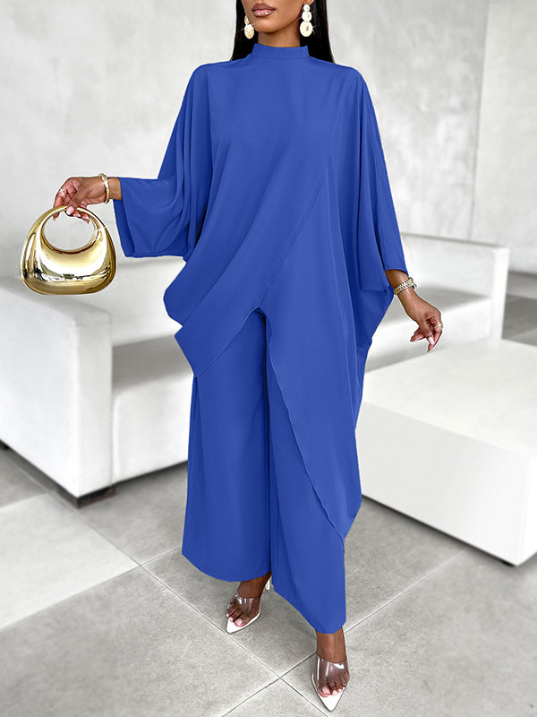 Batwing Sleeves Long Sleeves Asymmetric Hollow Solid Color Mock Neck T-Shirt Top + Pants Bottom Two Pieces Set