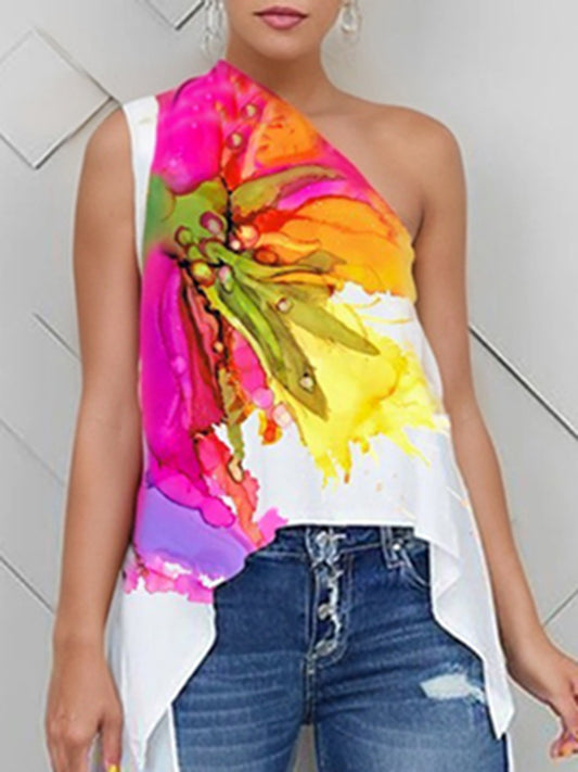 High-Low Loose Asymmetric Floral Printed Split-Joint One-Shoulder Vest Top