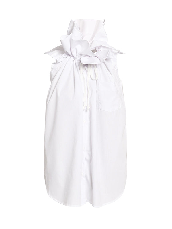 Loose Sleeveless Buttoned Drawstring Pleated Solid Color Stand Collar Vest Top