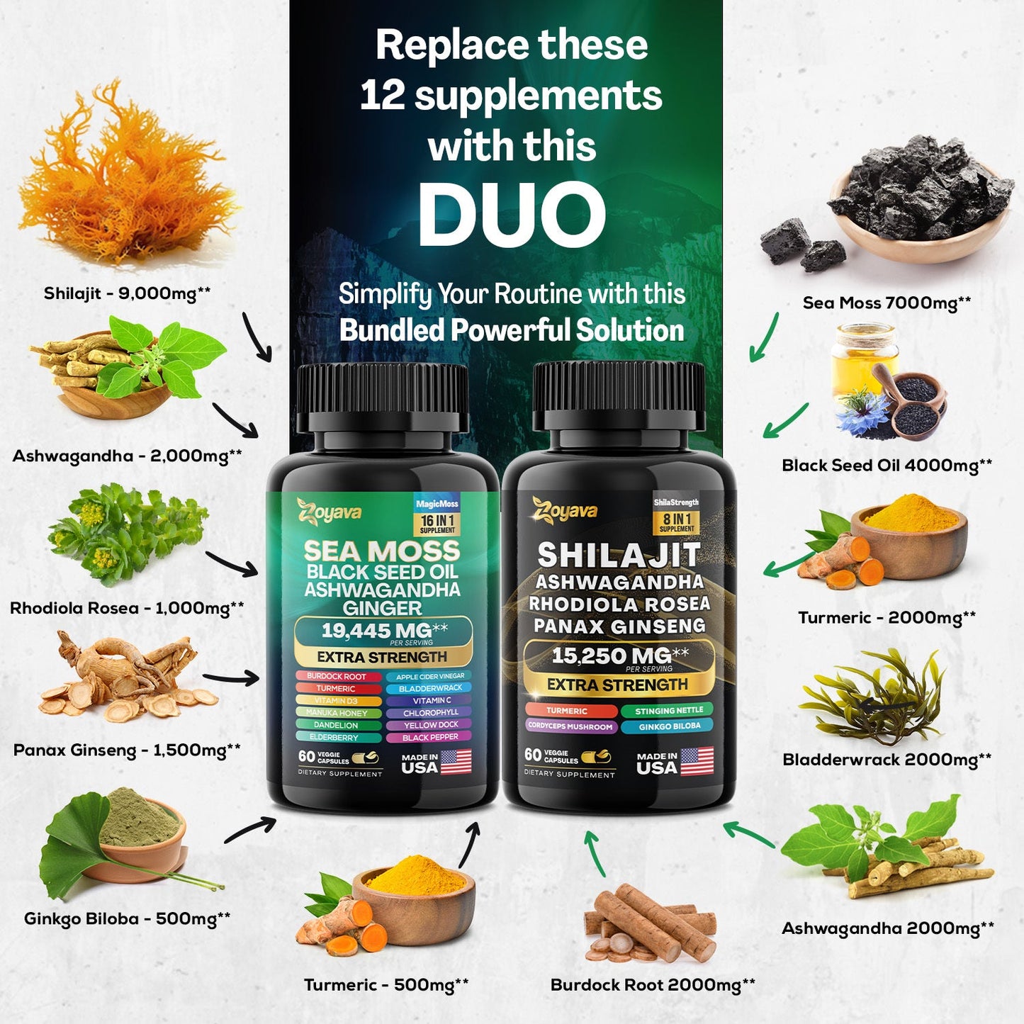 Zoyava™ Vitality Boost Duo: Sea Moss 16-in-1 Magic Moss & Shilajit Power ShilaStrength Blend