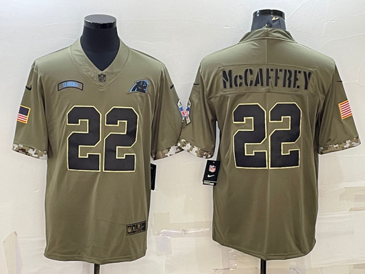 Men’s Carolina Panthers Christian McCaffrey #22 Olive 2022 Salute To Service Limited Jersey