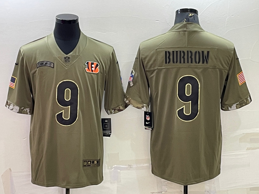 Men’s Cincinnati Bengals Joe Burrow #9 Olive 2022 Salute To Service Limited Jersey