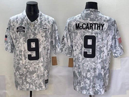 Men’s Minnesota Vikings J.J. McCarthy #9 Arctic Camo 2024 Salute to Service Retired Limited Jersey