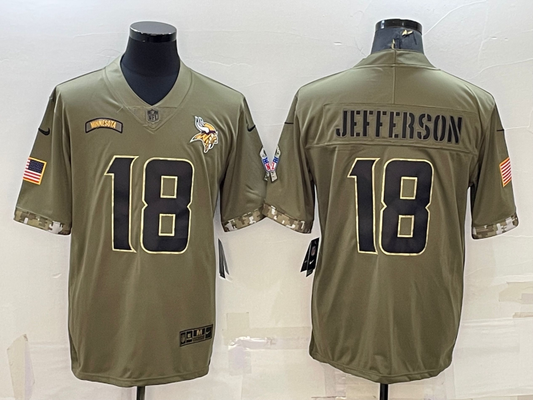 Men’s Minnesota Vikings Justin Jefferson #18 Olive 2022 Salute To Service Limited Jersey