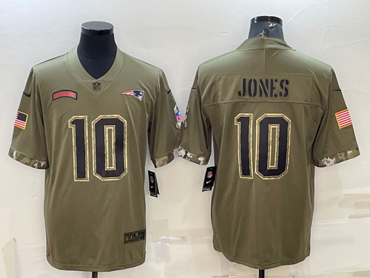 Men’s New England Patriots Mac Jones #10 Olive 2022 Salute To Service Limited Jersey