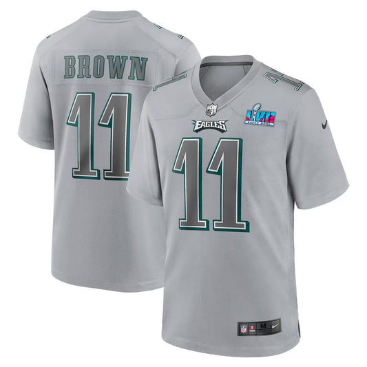 Men’s Philadelphia Eagles A.J. Brown #11 Gray Super Bowl LVII Patch Atmosphere Jersey