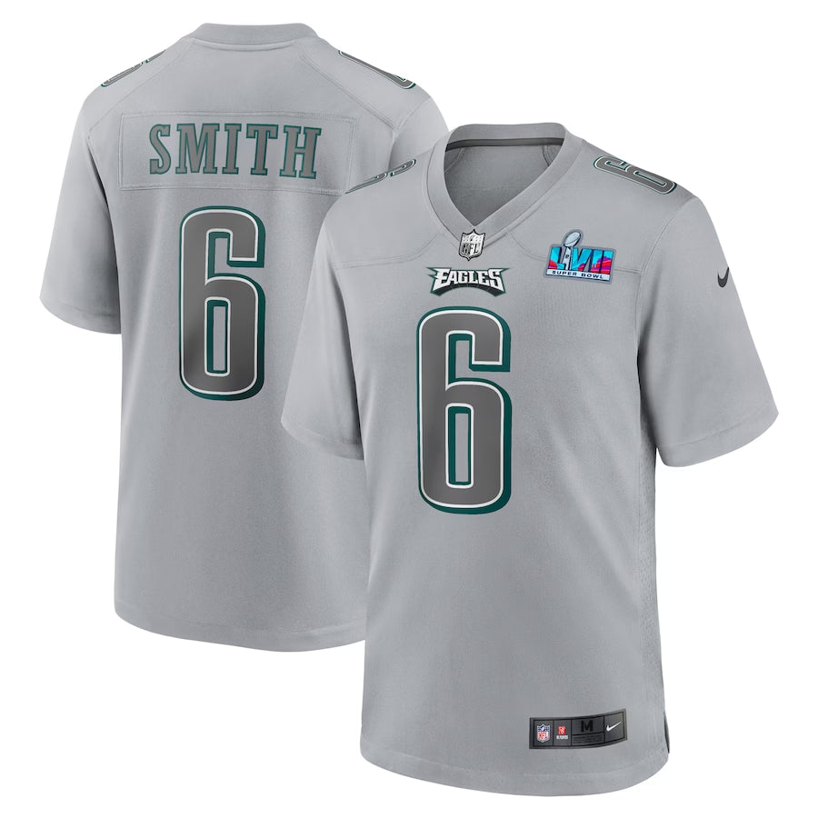 Men’s Philadelphia Eagles DeVonta Smith #6 Gray Super Bowl LVII Patch Atmosphere Jersey