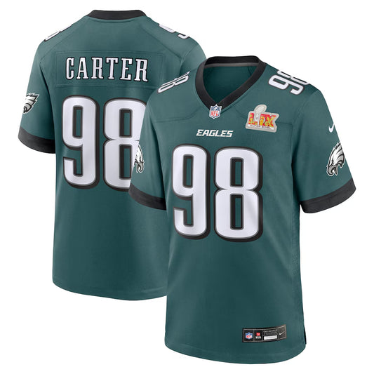 Men’s Philadelphia Eagles Jalen Carter #98 Midnight Green Super Bowl LIX Jersey