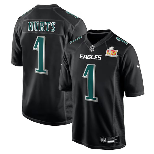 Men’s Philadelphia Eagles Jalen Hurts #1 Carbon Black Super Bowl LIX Jersey