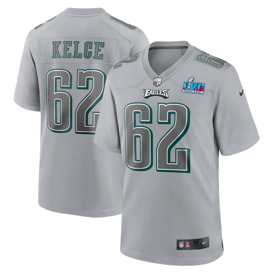 Men’s Philadelphia Eagles Jason Kelce #62 Gray Super Bowl LVII Patch Atmosphere Jersey