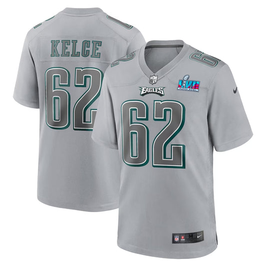 Men’s Philadelphia Eagles Jason Kelce #62 Gray Super Bowl LVII Patch Atmosphere Jersey