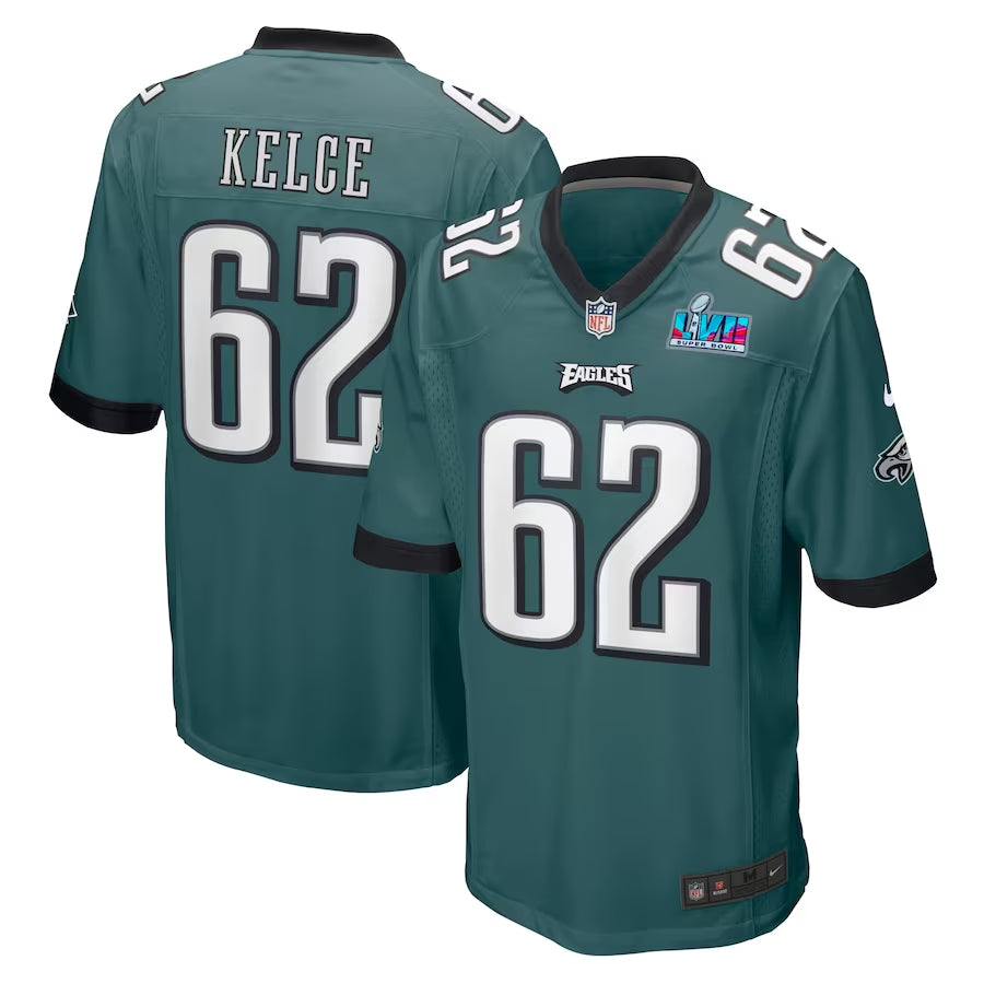 Men’s Philadelphia Eagles Jason Kelce #62 Midnight Green Super Bowl LVII Patch Jersey
