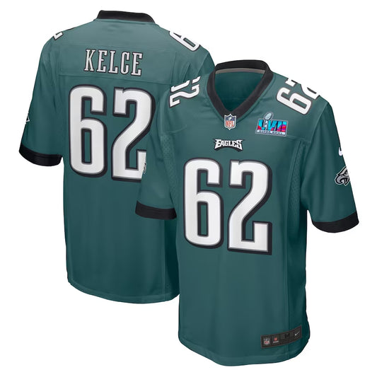 Men’s Philadelphia Eagles Jason Kelce #62 Midnight Green Super Bowl LVII Patch Jersey