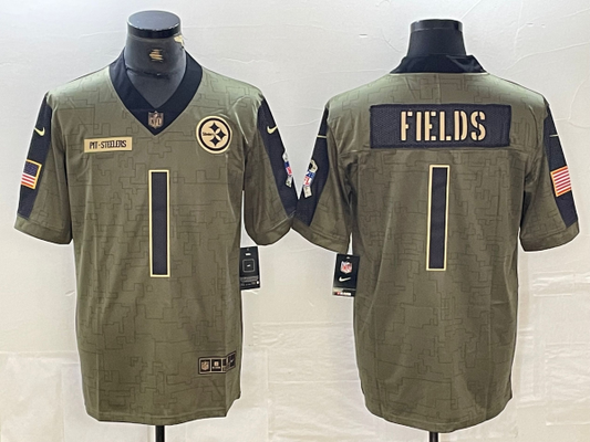 Men’s Pittsburgh Steelers Justin Fields #1 Olive 2021 Salute To Service Limited Jersey