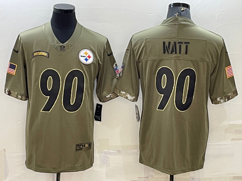 Men’s Pittsburgh Steelers T.J. Watt #90 Olive 2022 Salute To Service Retired Limited Jersey