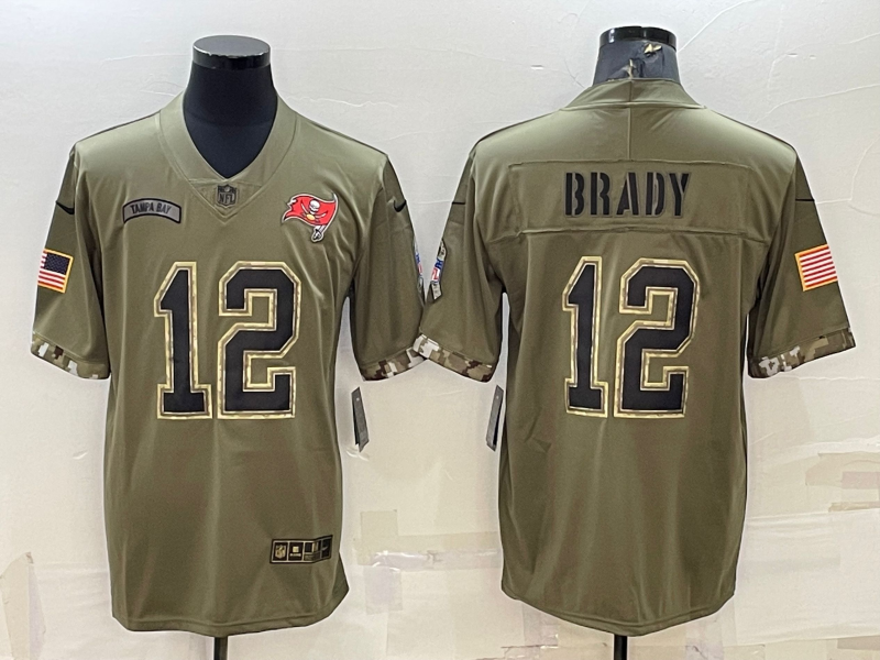 Men’s Tampa Bay Buccaneers Tom Brady #12 Olive 2022 Salute To Service Retired Limited Jersey