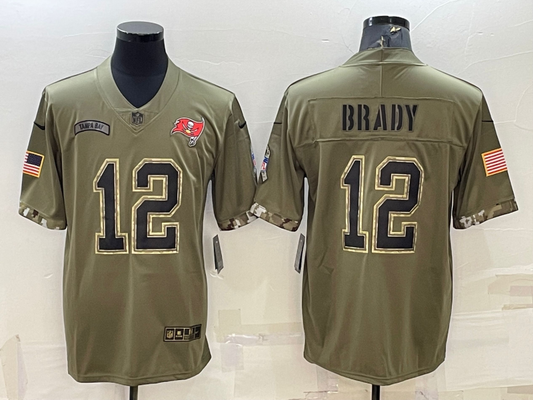 Men’s Tampa Bay Buccaneers Tom Brady #12 Olive 2022 Salute To Service Retired Limited Jersey