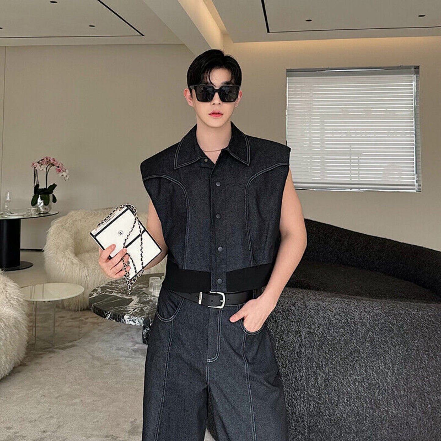 Men's Éclat Dark Denim Crop Vest & Baggy Jeans Set