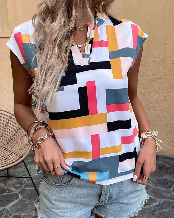 Loose Sleeveless Printed V-Neck T-Shirts Tops