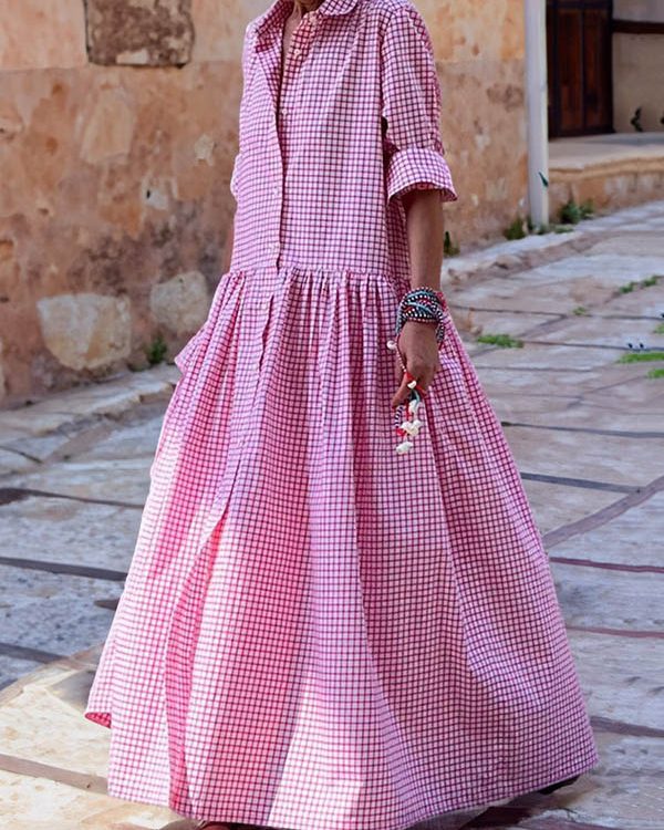 Long Sleeves Loose Buttoned Plaid Pleated Split-Joint Lapel Maxi Dresses