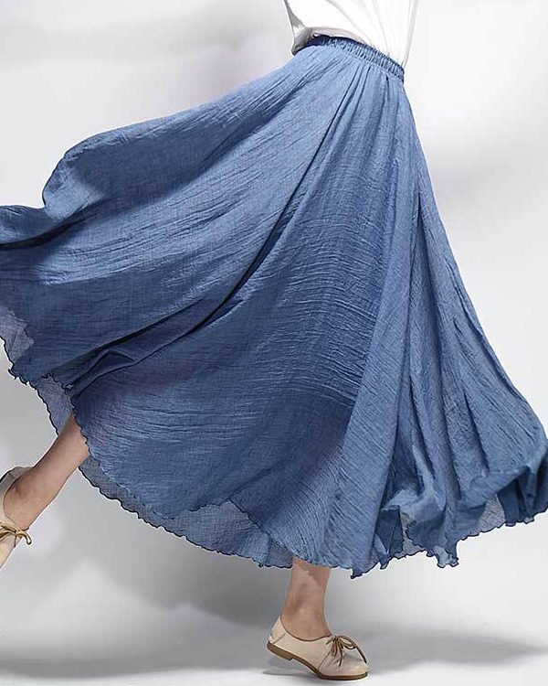 Casual A-Line Elastic Waist Solid Color Skirts