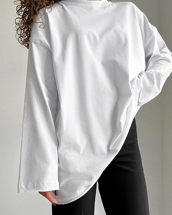 Long Sleeves Loose Solid Color Round-Neck T-Shirts Tops
