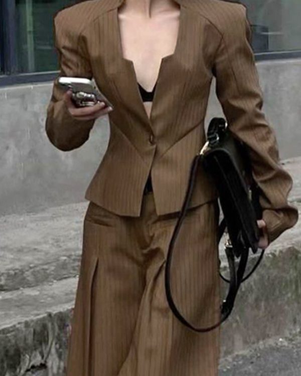 Long Sleeves Loose Buttoned Split-Joint Striped V-Neck Blazer Outerwear