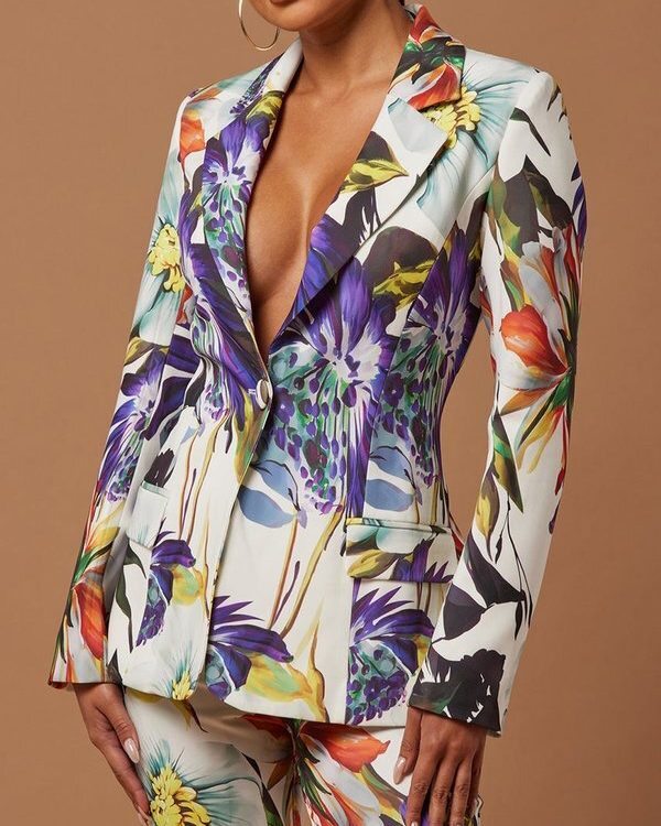 Long Sleeves Floral Printed Split-Joint Lapel Blazer Suit Outerwear