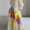 Long Sleeves Loose Floral Printed Pleated Split-Joint Tied Waist Lapel Midi Dresses Shirt Dress