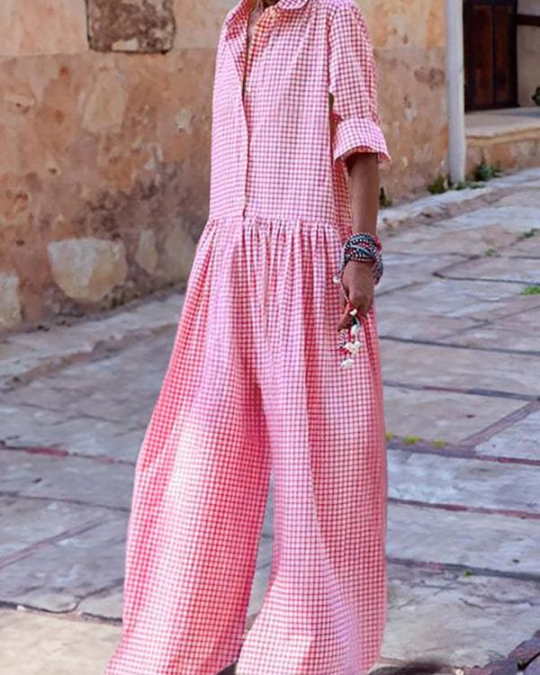 Long Sleeves Loose Buttoned Plaid Pleated Split-Joint Lapel Jumpsuits
