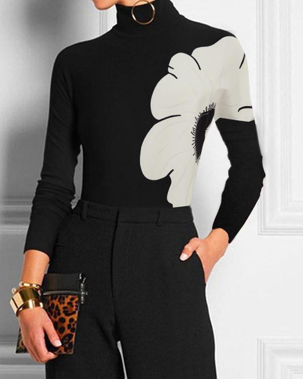 Long Sleeves Skinny Contrast Color Floral Printed Split-Joint High Neck T-shirts