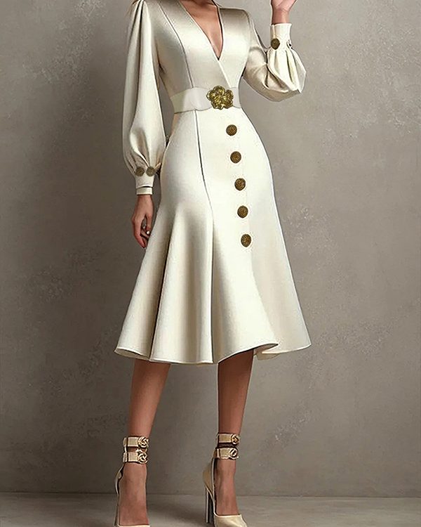 Loose Puff Sleeves Pleated Split-Joint Tied Waist V-Neck Midi Dresses