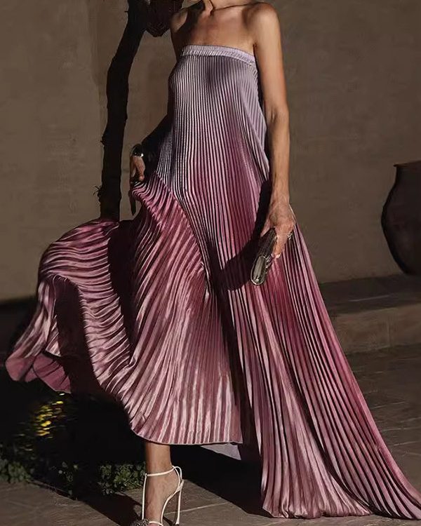 A-Line Loose Elasticity Gradient Pleated Tube Evening Dresses Maxi Dresses