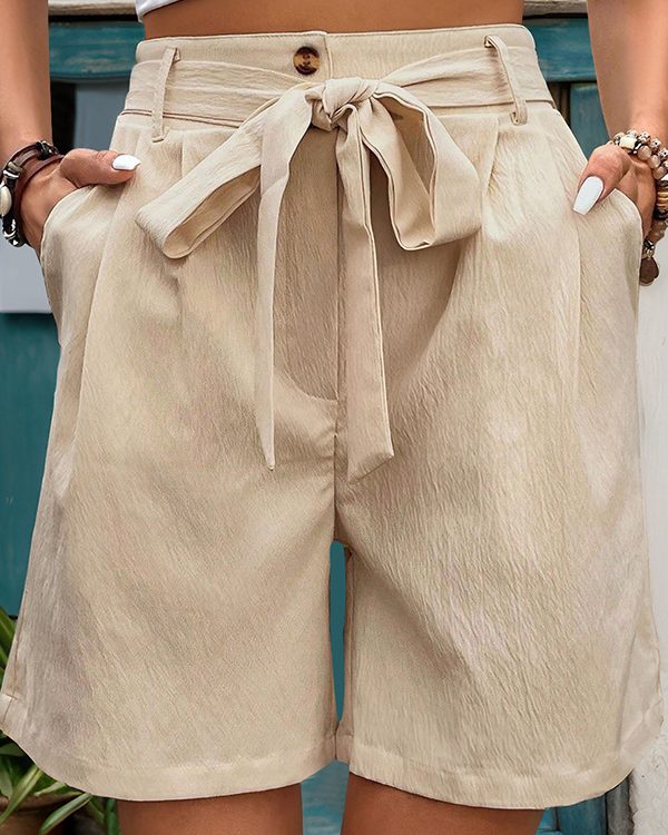 High Waisted Loose Buttoned Elasticity Pleated Pockets Tied Waist Shorts Bottoms