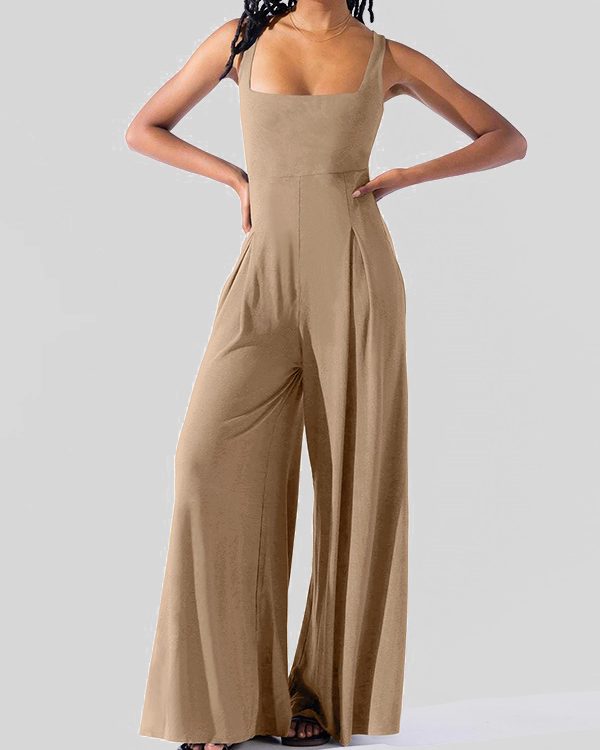 Loose Sleeveless Pleated Solid Color Spaghetti-Neck Jumpsuits